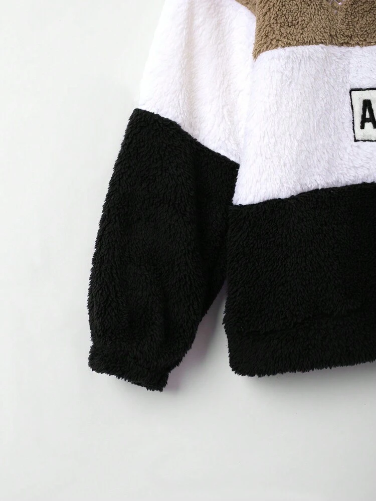 SHEIN Conjunto De Ropa De Casa Para Niños Que Incluye Sudadera Con Peluche De Bloqueo De Color Y Pantalones Largos En Color Sólido, Ideal Para Invierno - Negro - Ver 8