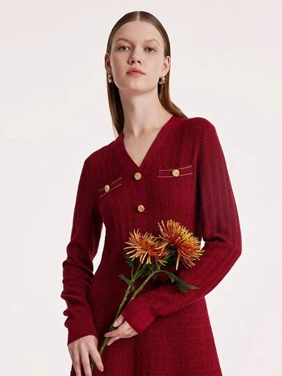  GOELIA Frenchy Wool-blend V Neck Glitter Red Dress