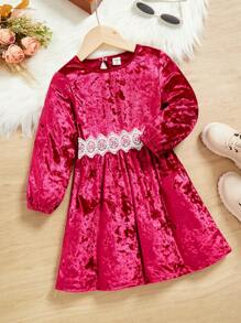 SHEIN 小女孩刺繡網布&天鵝絨細節洋裝 - 酒紅色 - 查看 1