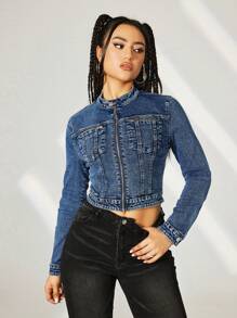 SHEIN ICON Zipper Pocket Short-length Women's Denim Jacket - Medium Wash - View 4