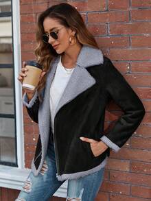 SHEIN LUNE 女式領子拉鍊抓絨夾克 - 黑色 - 查看 4