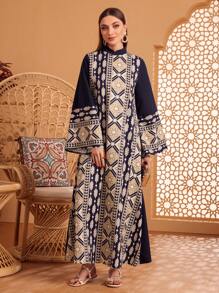 Al Najma 几何图案立领荷叶边袖 Jalabiya 连衣裙，朴素的长袍