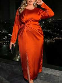 SHEIN Franclia Kích thước lớn Tay áo dài Xa ten Đầm Với Xoắn Chi tiết nút thắt - trái cam - Xem 5