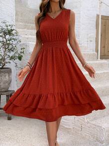 Chiquease 女士瑞士小圓點層疊荷葉邊無袖連身裙 - 咖啡 - 查看 3