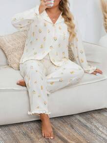 大尺碼花卉印花睡衣套裝 - 米色 - 查看 1