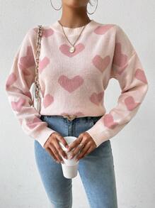 EMERY ROSE Suéter de cuello caído con estampado de corazón, tops de manga larga - Rosa - Ver 4