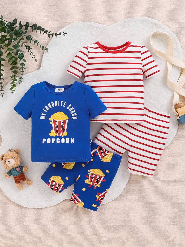 Baby Boy Snug Fit Popcorn Red & White Striped Print Short Sleeve T-Shirt And Shorts Four-Piece Set