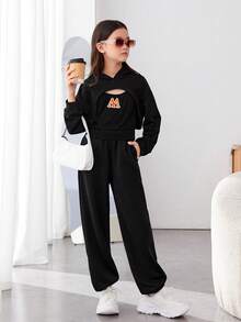 SHEIN Tween Girls Fashionable Street Style Hooded Knit Sweatshirt With Camisole Top And Jogger Pants - Black - View 6