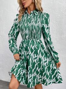 SHEIN LUNE All-Over Printed Shirred Lantern Sleeve Dress - Multicolor - View 1