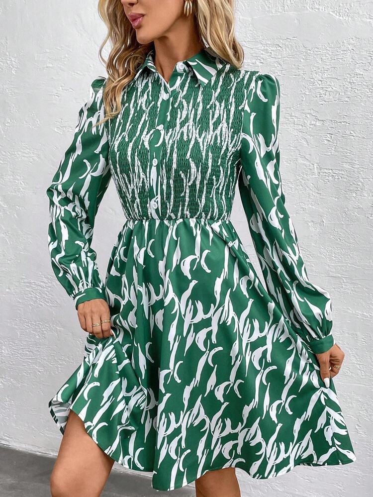 All-Over Printed Shirred Lantern Sleeve Dress