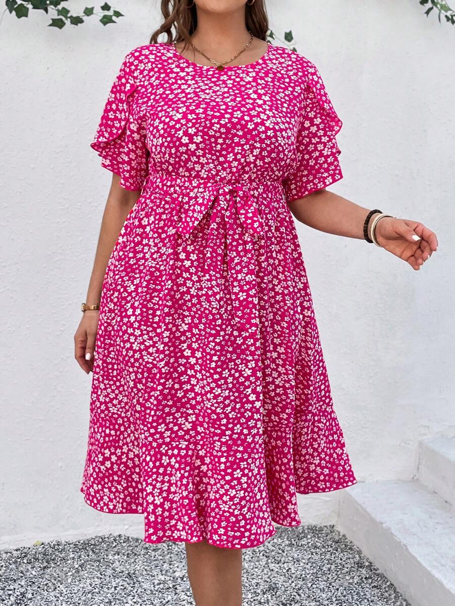 SHEIN LUNE Plus Size Valentine's Day Mini Floral Print Ruffle Hem Dress - Multicolor - View 1