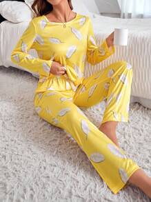 Ladies' Feather Patterned Pajama Set, Fall Winter Clothes - Yellow - View 2