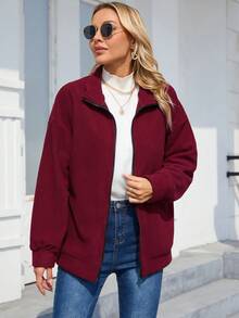 SHEIN EZwear 純色立領落肩休閒夾克 - 紅色 - 查看 6