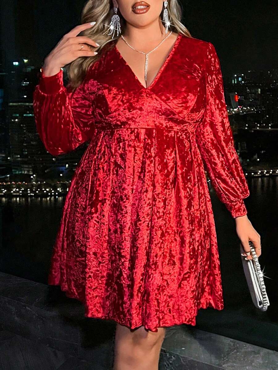 Flirla Plus Size Solid Color V-neck Long Sleeve Dress - Red - View 1