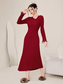 Modelyn Váy dài tay bồng bềnh màu đỏ tía - Màu Đỏ Sâu - Xem 3