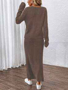 SHEIN Clasi Button Decoration Raglan Sleeve Sweater And Knitted Skirt Set - Mocha Brown - View 2