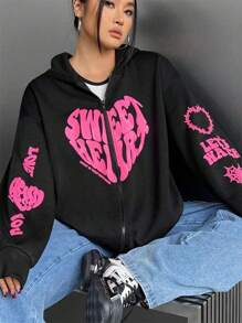 SHEIN EZwear Plus Size Heart Graphic Hooded Zipper Sweatshirt - Black - View 1