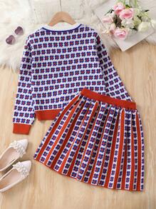 SHEIN Tween Girls' Floral Pattern Sweater Set - Multicolor - View 2