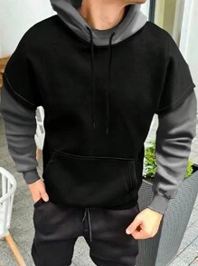 Manfinity Homme Nam Khối màu Dây rút 2 trong1 Áo nỉ có mũ - màu đen - Xem 3