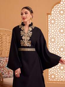 Al Najma Embroidered Patchwork Notched-Neck Batwing Sleeve Dress Kaftan Jalabiya Dress - Black - View 3