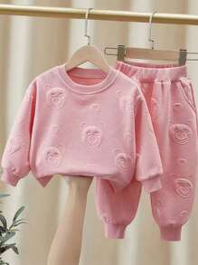 Infant Girls' Casual Round Neck Long Sleeve Embossed Bear Sweatshirt And Pants Set - Pink - View 1