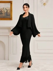 Modelyn 2pcs/Set Patchwork Edge Detail Bodycon Dress And Knitted Cardigan 2 Piece Set - Black - View 3