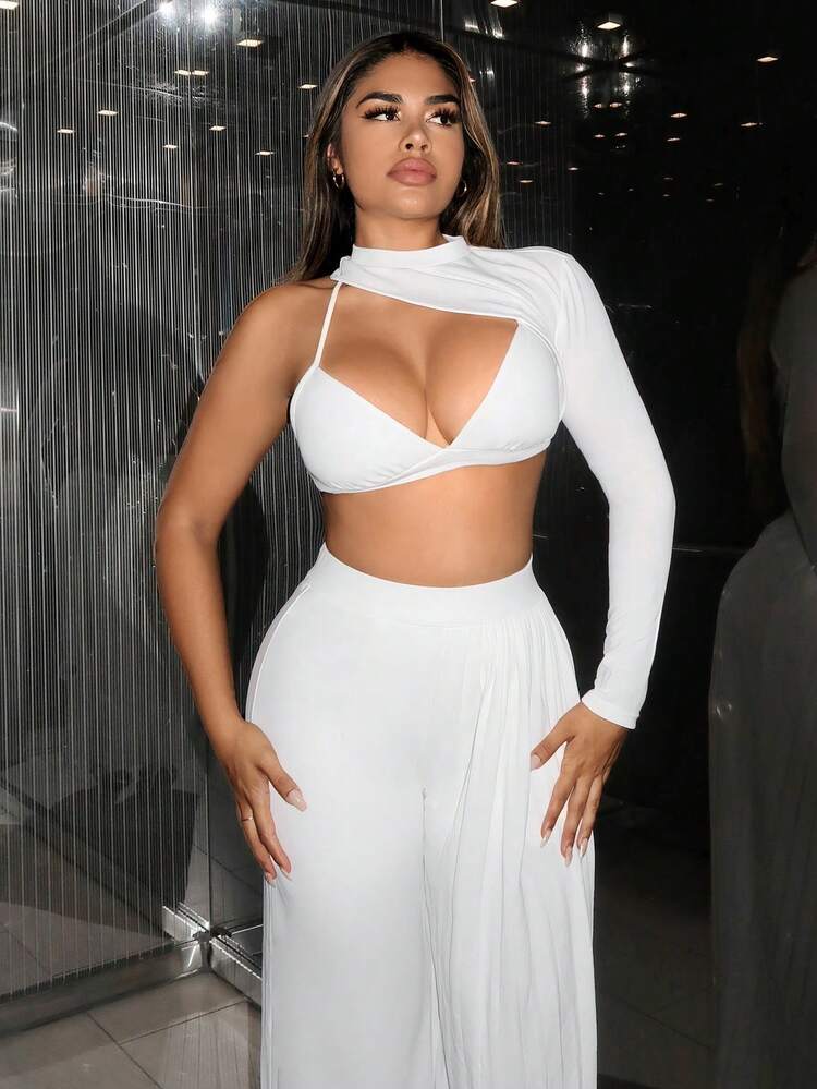 Women'S One Shoulder Cami Bra & Wide-Legged Pants Set With Pleats, Color: White
