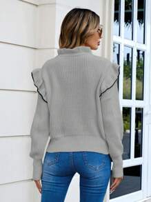 SHEIN Cottnline Women's Color Block Sweater With Ruffle Edge, Border Trim, Wide Strap Tie Neck - Grey - View 2