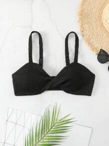 SHEIN Swim 纯色扭纹比基尼上衣 嘉年华 夏季 - 黑色 - 查看 3