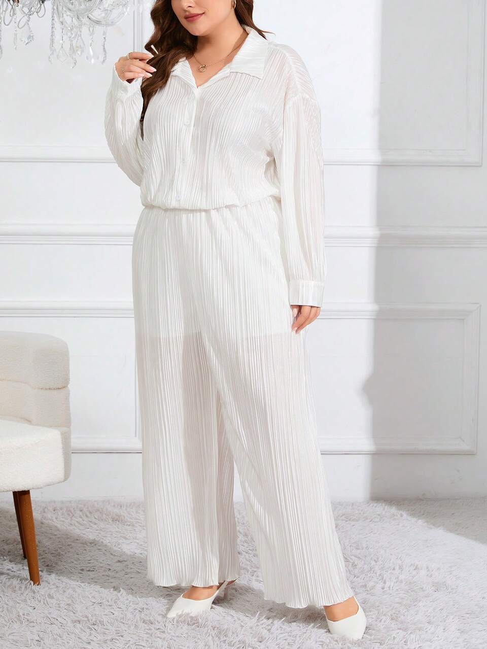 Plus Size Women's Long Sleeve Pleated Loose Jumpsuit