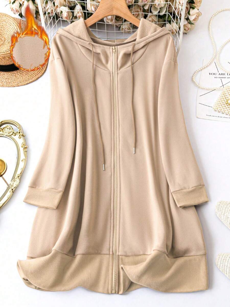 EMERY ROSE Kích thước lớn Chất rắn Có màu sắc áo có mũ Lông cừu Áo khoác Với dây rút - Màu Khaki - Xem 1