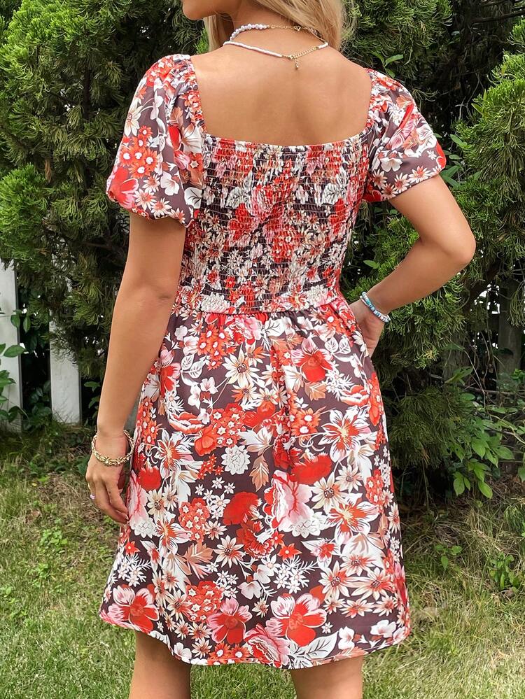 Puff Sleeve Floral Printed Dress