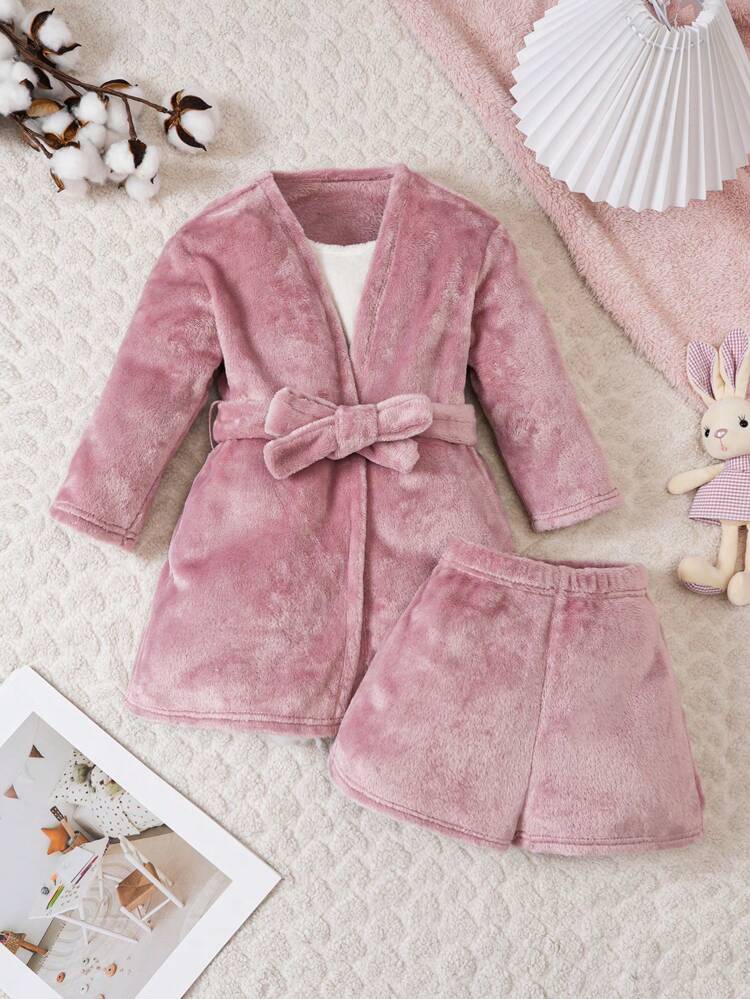 Little Girls' Knitted Solid Color Plush Loose Open Front Coat, Knitted Vest And Shorts 3pcs Set For Homewear