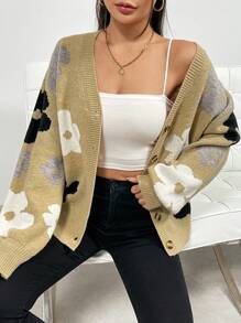 SHEIN Frenchy 開口式花紋下垂肩針織外套 - 卡其色 - 查看 1