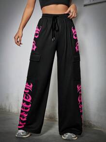 SHEIN Coolane Ladies' Athletic Pants With Flap Pocket And Letter Print - Black - View 5