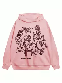 Slogan & Figure Graphic Drop Shoulder Hoodie - Pink - View 1