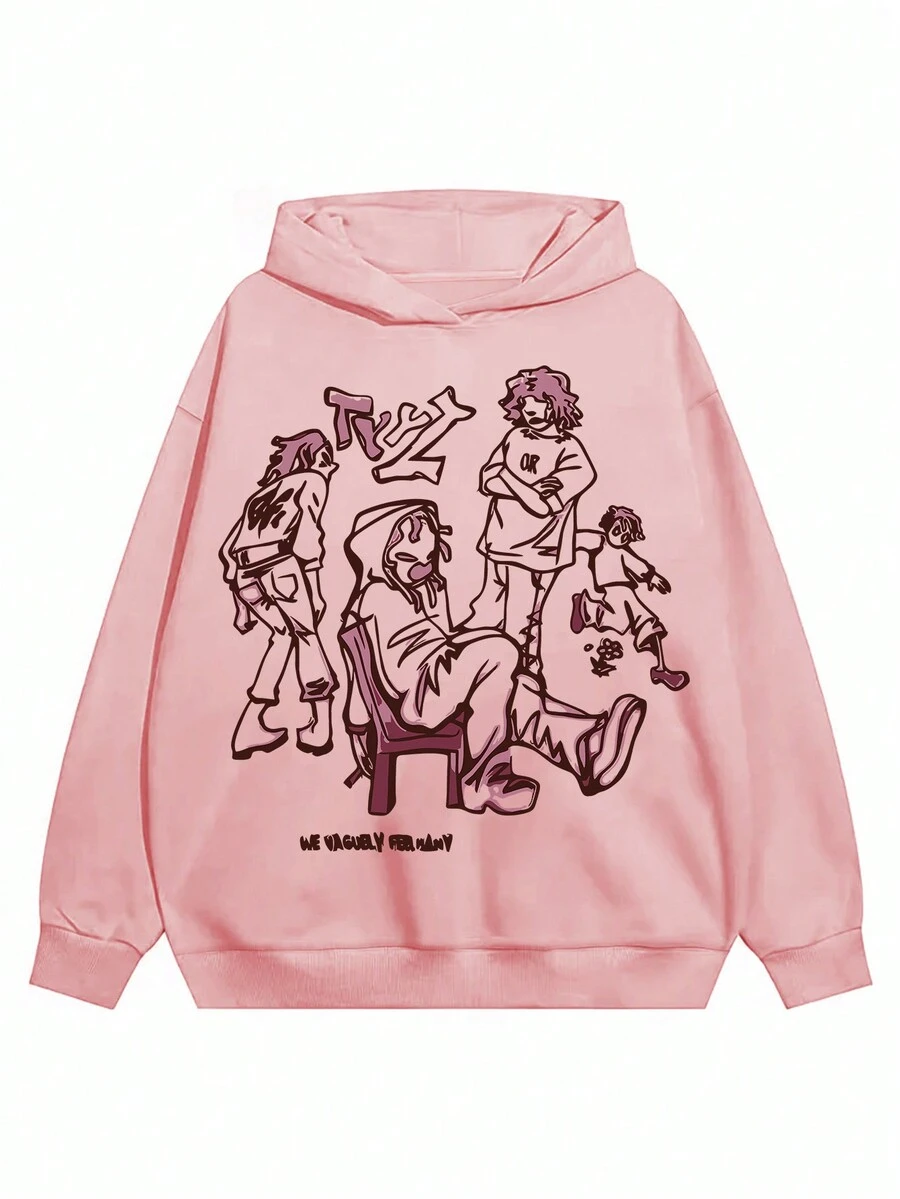 Slogan & Figure Graphic Drop Shoulder Hoodie - Pink - View 1