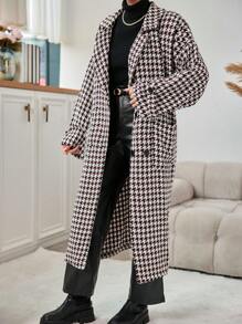 RueChic 女士犬牙紋喇叭領羊毛外套 - 藕粉色 - 查看 4