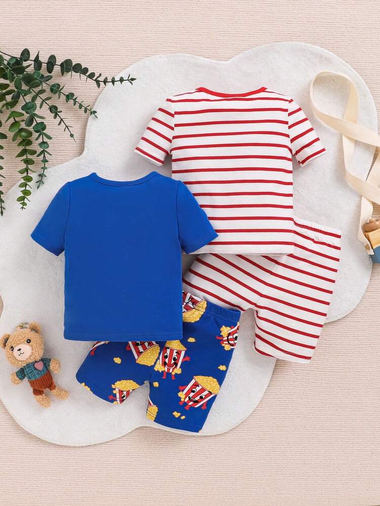 Baby Boy Snug Fit Popcorn Red & White Striped Print Short Sleeve T-Shirt And Shorts Four-Piece Set
