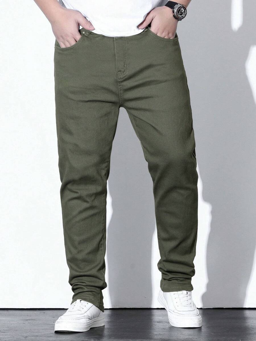 Manfinity Homme 男士加大尺寸實色斜口袋修身牛仔褲 - 軍綠色 - 查看 1
