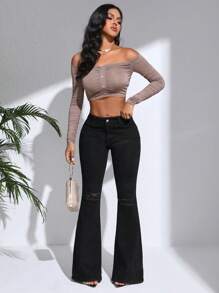 SHEIN Pantalones Vaqueros Acampanados Y Desgastados Con Agujeros Rasgados Para Mujer - Negro - Ver 4