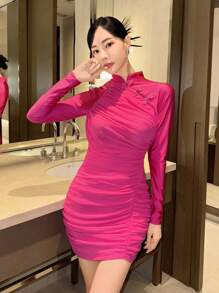 EastFlair Women's Bodycon Dress With Pleated Design And Buckle Detail - Hot Pink - View 3