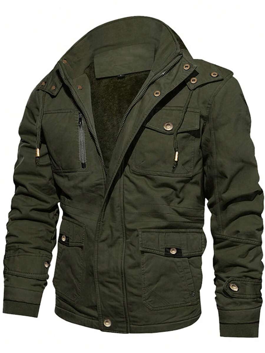 Manfinity Homme Men Removable Hat Flap Pocket Drawstring Hooded Thermal Lined Padded Coat, Men Winter Jacket, Men Olive Green Jacket, Men Cargo Jacket - Army Green - View 1