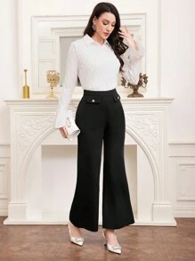 Mulvari Solid Color Button Detail Flared Pants - Black - View 4