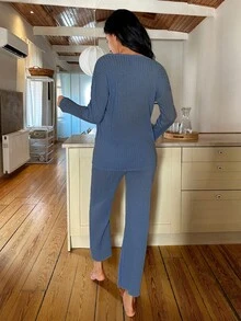 RueChic Letter Graphic Rib-knit Lounge Set - Navy Blue - View 2