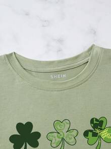 SHEIN LUNE 三葉草印花短袖t恤 - 綠色 - 查看 4