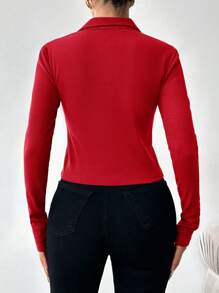 SHEIN Cottnline Solid Polo Neck Tee - Red - View 2