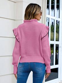 SHEIN Cottnline Women's Colorblock Sweater With Ruffle Edge Collar And Waist Tie Detail - Pink - View 2