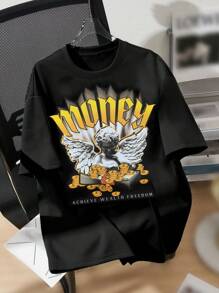 SHEIN Tween Boy Casual Angel And Letter Print Short Sleeve Round Neck T-Shirt, Suitable For Summer