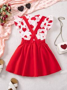 SHEIN Top Con Corpiño De Volantes Y Vestido Tipo Pinafore Para Niña Con Diseño De Corazones